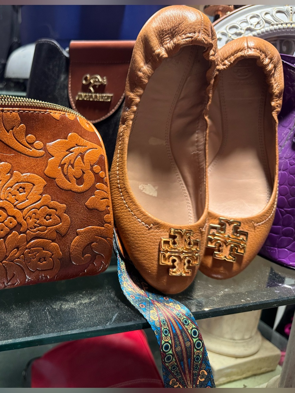 Tory Burch Tan Leather Ballet Flats with Gold Logo